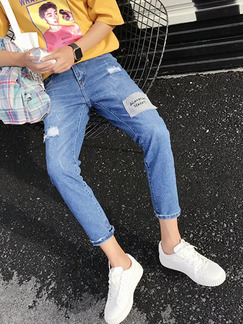 Blue Denim Slim Patch Holes Three Quarter Men Pants for Casual
