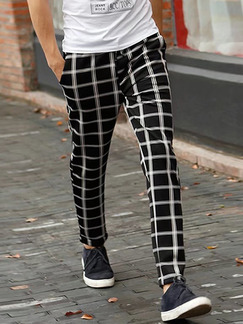 Black and White Slim Grid Adjustable Waist Band Long Men Pants for Casual Party