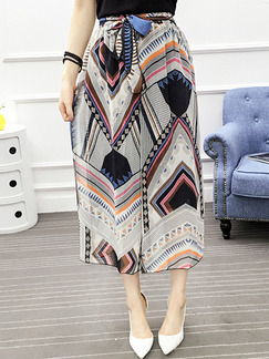 Colorful Loose Chiffon Printed High Waist Wide Leg Band Three Quarter Pants for Casual Party