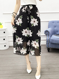Black and White Loose Chiffon Printed High Waist Wide Leg Band Floral Three Quarter Pants for Casual Party