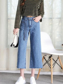 Navy Blue Denim Wide-Leg Furcal Pants for Casual Party