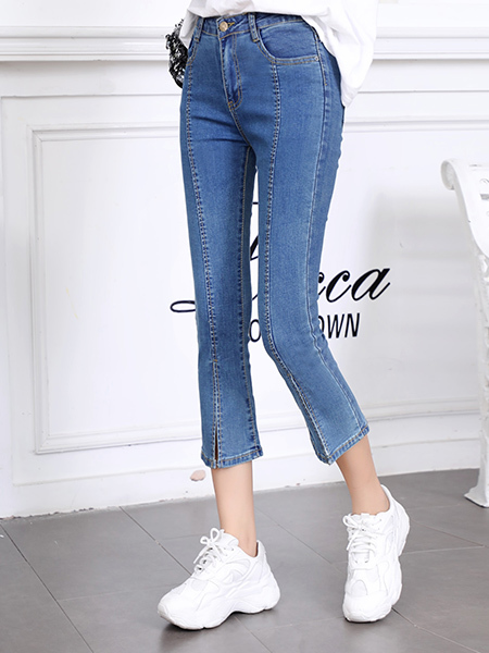 Blue Three Quarter Length Denim Pants for Casual