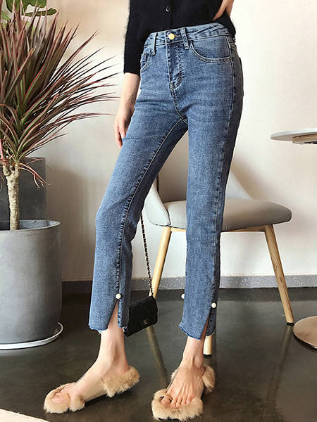 Blue Denim Three Quarter Length Pants for Casual