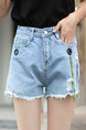 Blue Denim High Waist Edging Holes Ribbon One Quarter Shorts for Casual
