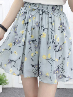 Grey Colorful Loose Printed Chiffon Wide Leg Adjustable Waist Band Floral One Quarter Shorts for Casual Party