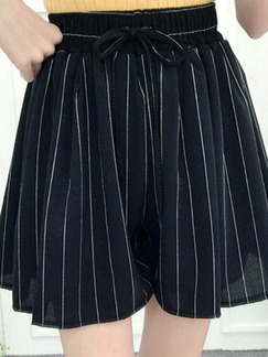 Black Loose Stripe Chiffon Wide Leg Adjustable Waist Band One Quarter Shorts for Casual Party