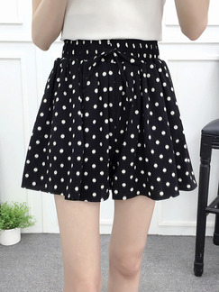 Black Polka Dot Loose Wave Point Chiffon Wide Leg Adjustable Waist Band One Quarter Shorts for Casual Party