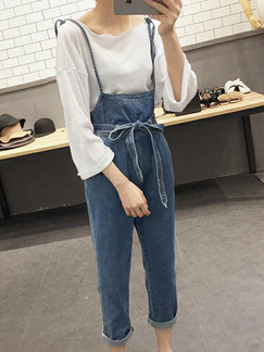Navy Blue Loose Denim Band Siamese Pants Jumpsuit for Casual Party