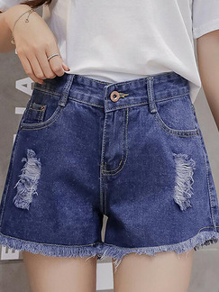 Navy Blue Holes Edging Wide-Leg Shorts for Casual