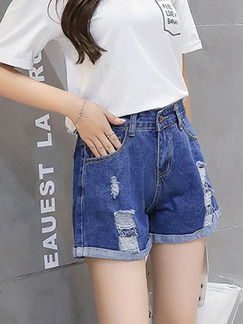 Navy Blue Holes Crimping Wide-Leg Shorts for Casual