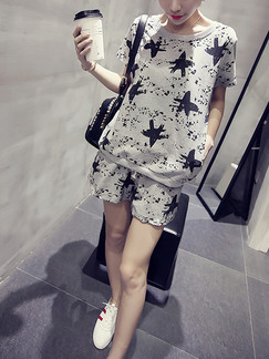 Gray Loose Printed Two-Piece Shorts Plus Size Jumpsuit for Casual Party