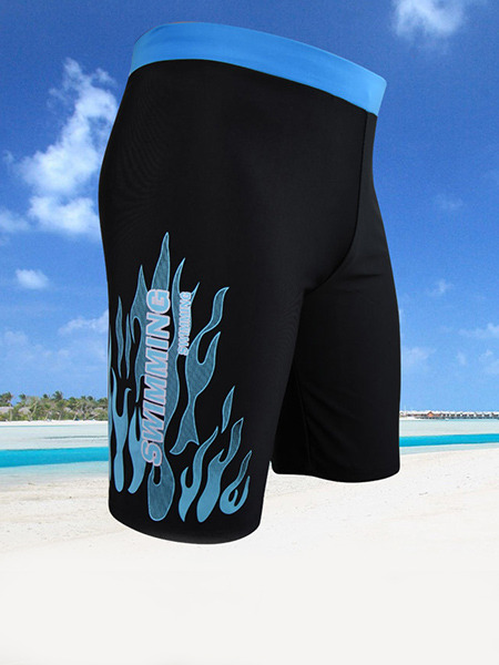 Blue and Black Trunks Contrast Located Printing Polyester Swim Shorts Swimwear