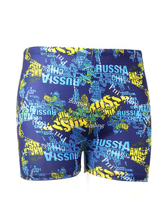 Blue and Yellow Trunks Adjustable Waist Printed Polyester Swim Shorts Swimwear
