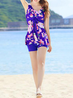 Blue and Pink One-Piece Floral Polyester Swimwear