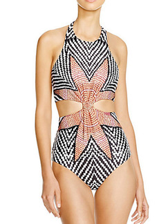 Black White and Brown One-Piece Polyester Swimwear