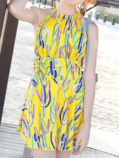 Yellow Colorful One-Piece Cute Halter Polyester Swimwear