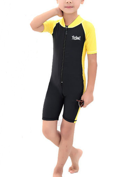 Black and Yellow Children Common Siamese Contrast Linking Stand Collar Jumpsuit Swimwear for Swimming Snorkeling