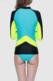 Black and Yellow Green Women Slim Contrast Outdoor Sun Protection Rashguard Swimwear for Swimming Surfing