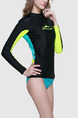 Black and Yellow Green Women Slim Contrast Outdoor Sun Protection Rashguard Swimwear for Swimming Surfing