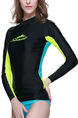 Black and Yellow Green Women Slim Contrast Outdoor Sun Protection Rashguard Swimwear for Swimming Surfing