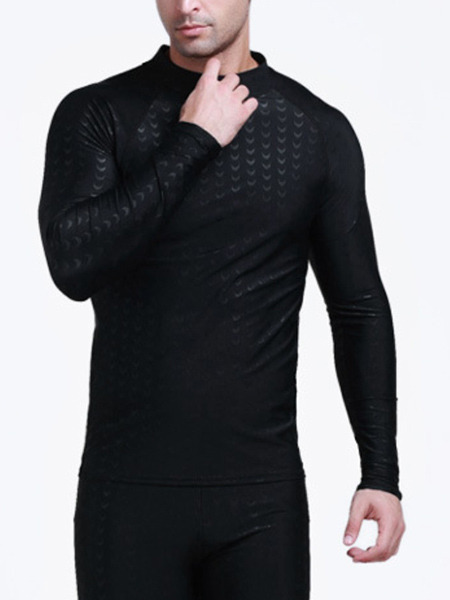 Black Men Plus Size Slim Shark Skin Round Neck Rashguard Swimwear for Swimming Surfing