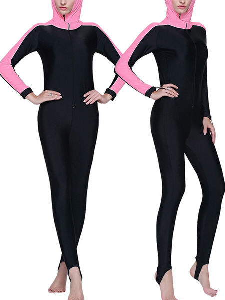 Pink and Black Women Plus Size Contrast Tight Hooded Trample Jumpsuit Swimwear for Swimming Diving