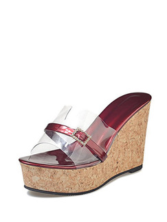 Beige and Red PVC Open Toe Platform 11cm Wedges