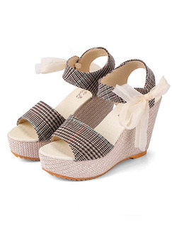 Beige and Brown Polyester Open Toe Platform 10.5cm Wedges