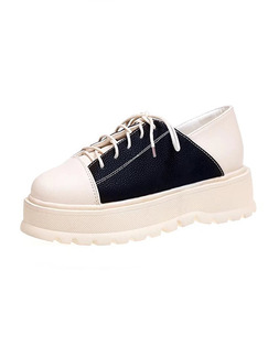 White and Black Leather Round Toe Platform Lace Up 5cm Wedges