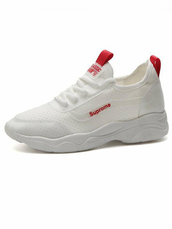 White and Red Polyester Round Toe Platform 3.5cm Lace Up Rubber Shoes for Casual Sporty