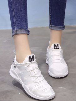 White Polyester Round Toe Platform 4cm Lace Up Rubber Shoes for Casual Sporty