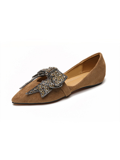 Brown Suede and Rhinestone Pointed Toe Platform 1 Flats Butterfly Knot Flats for Casual Party Office