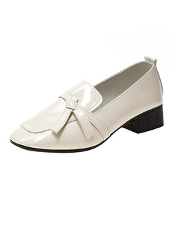 White Round Toe Low Chunky Heels Flats Shoes