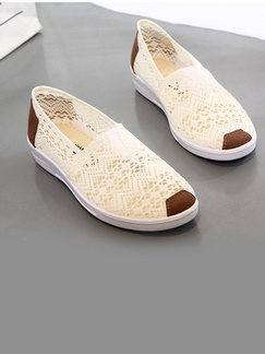 White and Beige Round Toe Perforated Slip On Shoes