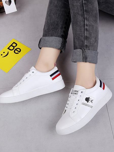 White Leather Round Toe Platform Lace Up Rubber Shoes