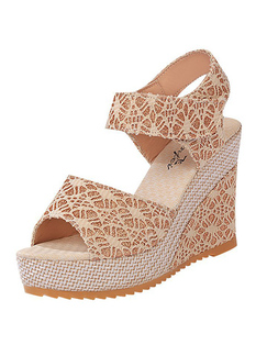 Beige Lace Open Toe Platform Ankle Strap Wedges