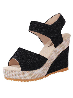 Black Lace Open Toe Platform Wedges