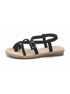 Black Leather Open Toe Platform Ankle Strap Flats Sandals