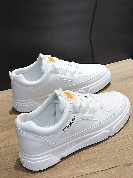 White Leather Round Toe Platform Lace Up Rubber Shoes