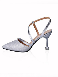 Silver Leather Pointed Toe Platform Ankle Strap Stiletto Heels