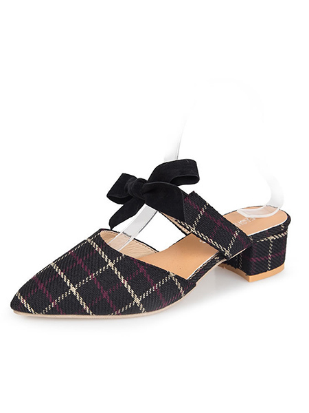 Black Fabric Pointed Toe Platform Chunky Heels