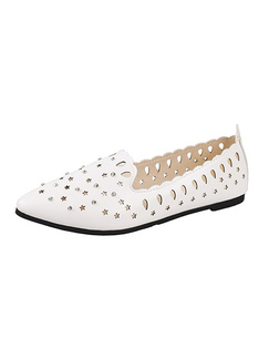 White Leather Pointed Toe Platform Perforated Flats