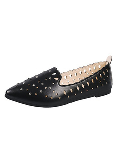 Black Leather Pointed Toe Platform Perforated Flats