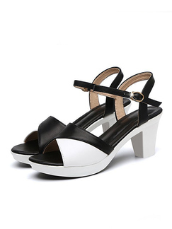 Black and White Leather Peep Toe Platform Ankle Strap Heels