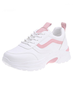 White and Pink Leather Round Toe Platform Lace Up Rubber Shoes