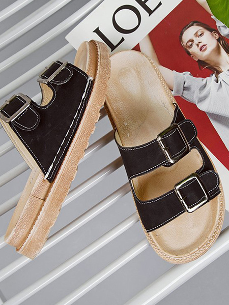 Brown and Black Leather Open Toe Platform Sandals