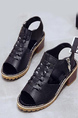 Black Leather Peep Toe Platform Ankle Strap Chunky Heels