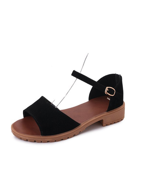 Black and Brown Leather Open Toe Platform Ankle Strap Low Heels