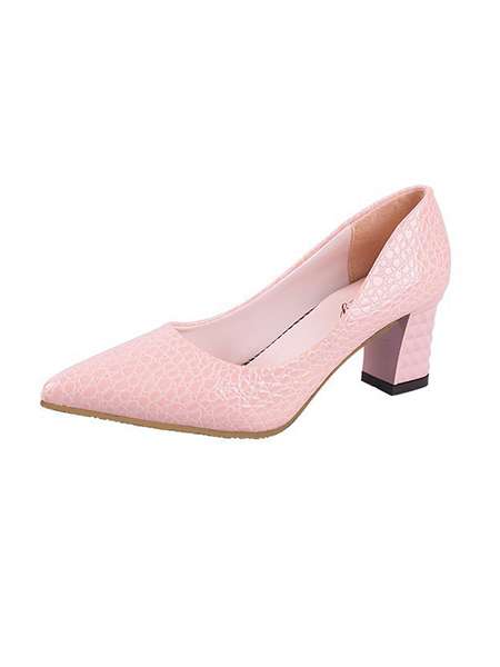 Pink Leather Pointed Toe Platform Chunky Heels