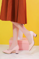 Pink Leather Pointed Toe Platform Chunky Heels